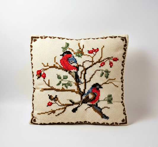 Vintage Scandinavian Needlepoint Pillow with Bullfinches | Handcrafted Decorative Cushion, authentic vintage, timeless charm.