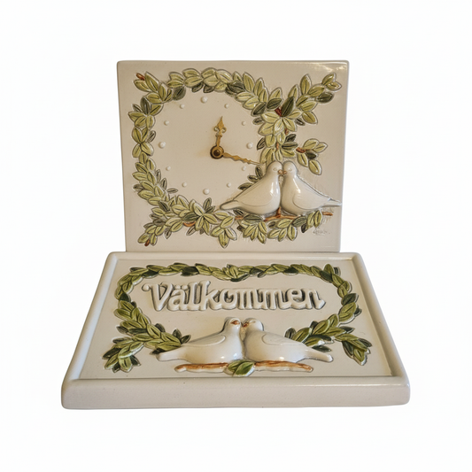 Vintage Jie Gantofta Ceramic Wall Plaques - Aimo Nietosvuori Floral Design - Set of 2 with birds and leafy wreaths