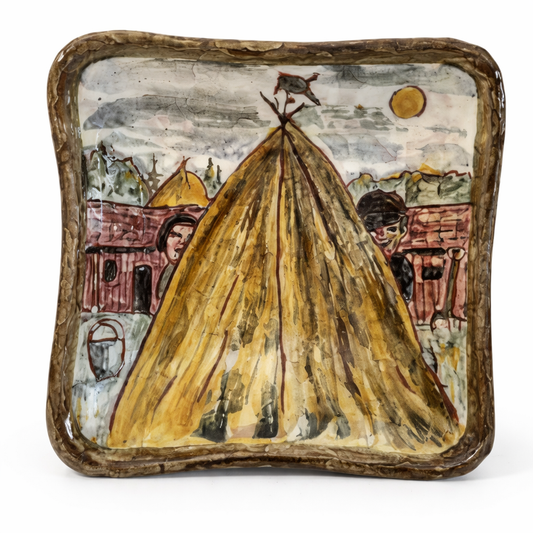 Signed Scandinavian Ceramic Wall Plate – Hand-Painted Rural Scene, Mid-Century with a tipi and figures in muted earth tones.