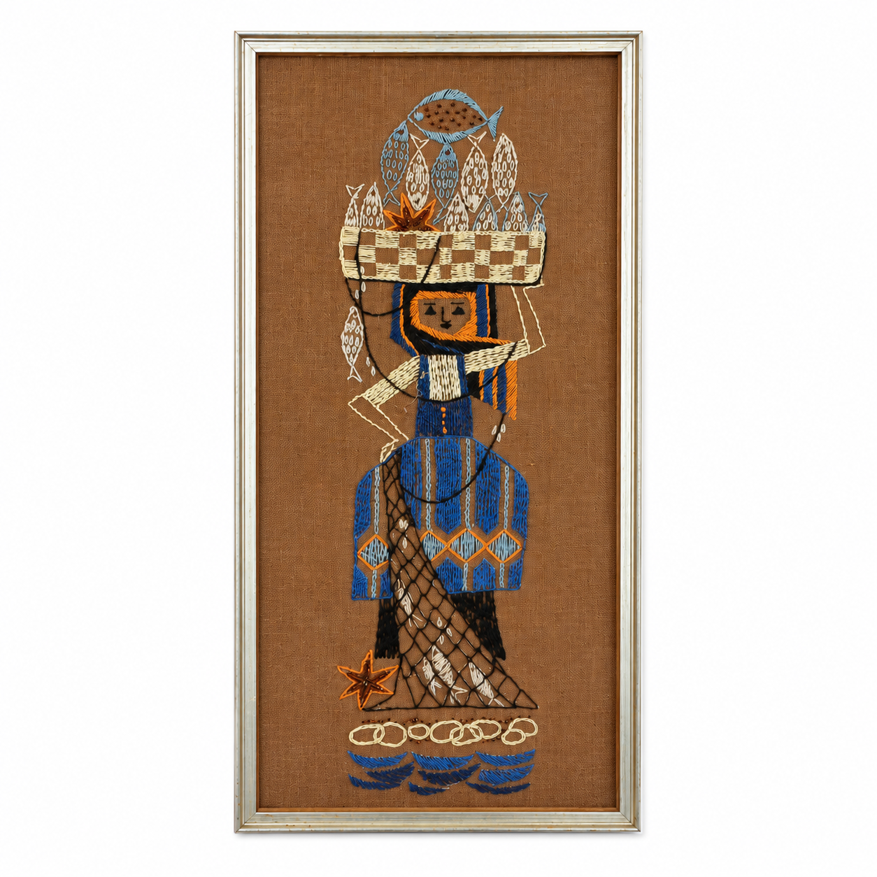 Vintage Scandinavian Embroidered Fisherwoman Textile Wall Art – Framed, Sweden