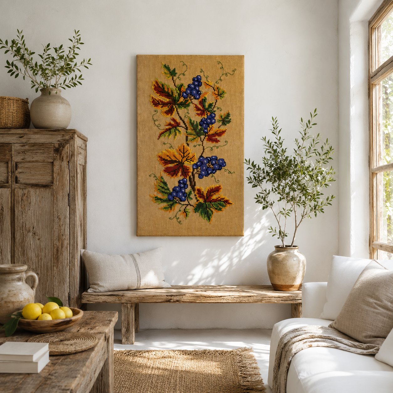 Vintage Grapevine Cross-Stitch Textile Wall Art – Handembroidered on Burlap, Sweden