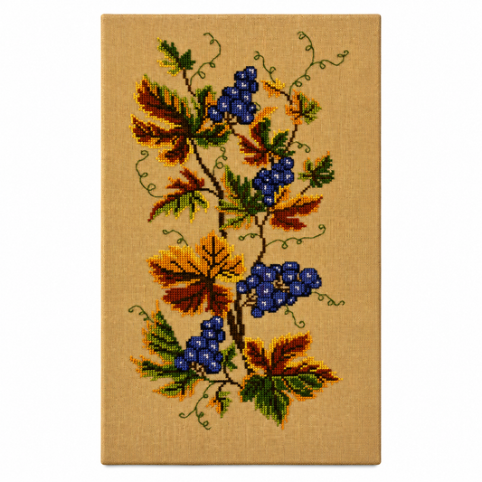 Vintage grapevine cross-stitch textile wall art on burlap, wooden frame, 100x55 cm, Sweden