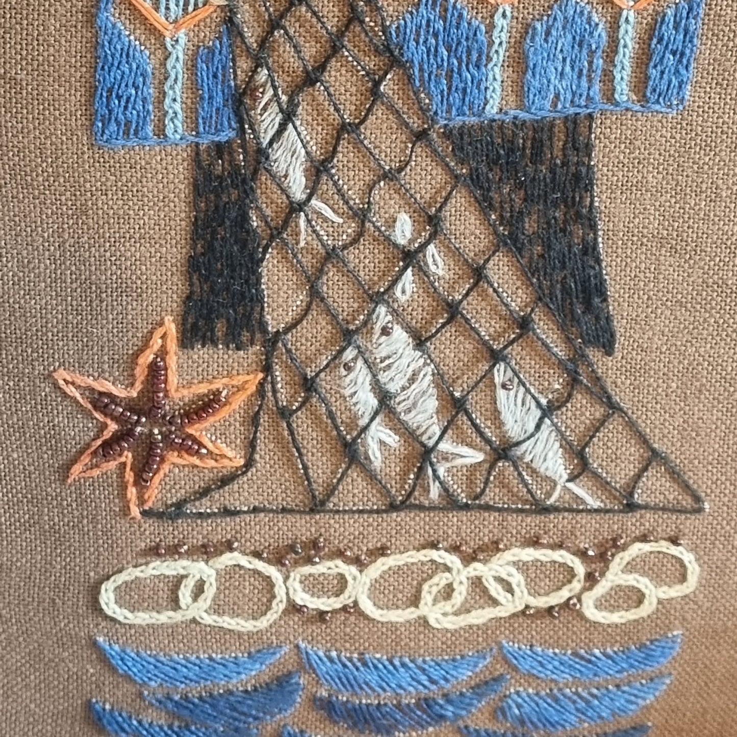 Vintage Scandinavian Embroidered Fisherwoman Textile Wall Art – Framed, Sweden