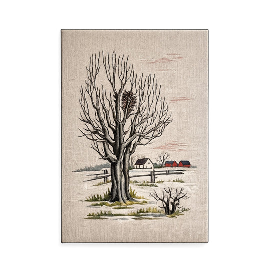 Vintage Swedish Embroidered Winter Landscape with Bare Tree Wall Art on Stretcher Frame