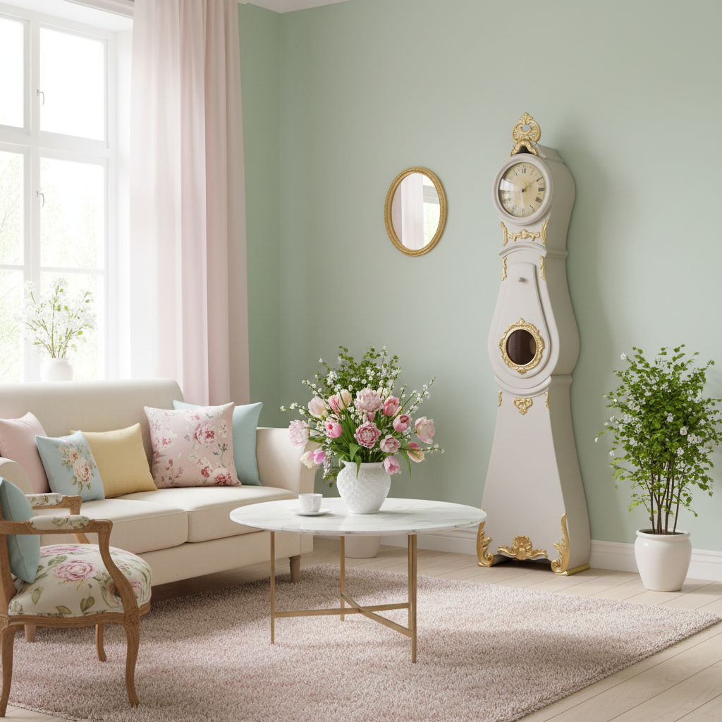 Swedish Gustavian Mora floor clock in a bright living room with floral decor