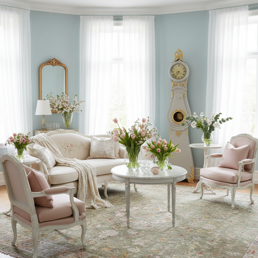 Vintage white Swedish Mora clock in an elegant Scandinavian living room