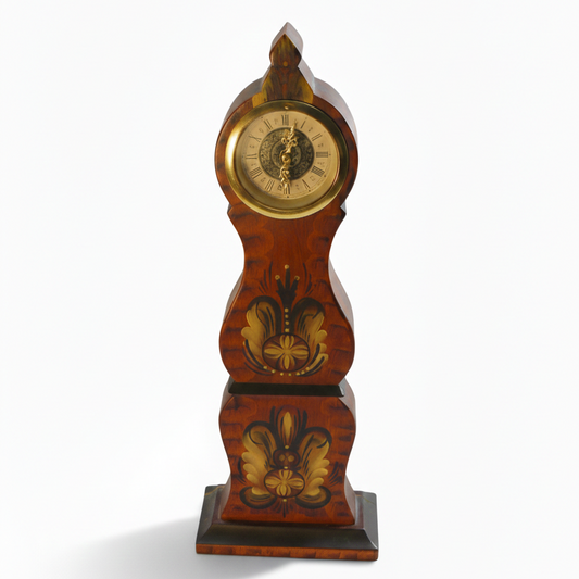 Vintage Swedish Mora-Style Wooden Clock – Hand-Painted Rosemaling Folk Art with authentic vintage charm, timeless Scandinavian decor piece.