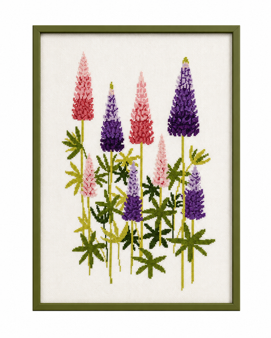 Vintage Cross Stitch Lupine Wall Art – Framed Scandinavian Floral Needlework, Sweden
