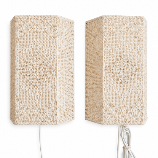 Pair of Vintage Swedish Crochet Wall Lamps, Traditional "Näversöm" Handmade Linen Lace Sconces, Cottagecore  Lighting