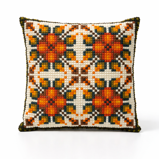 1970s Vintage Needlepoint Cushion – Geometric Orange Floral Pattern