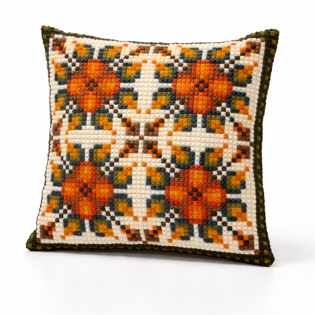 1970s Vintage Needlepoint Cushion – Geometric Orange Floral Pattern