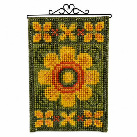 Vintage Swedish wool cross-stitch sunflower wall hanging, black wrought iron rod, 68x44 cm, Sweden