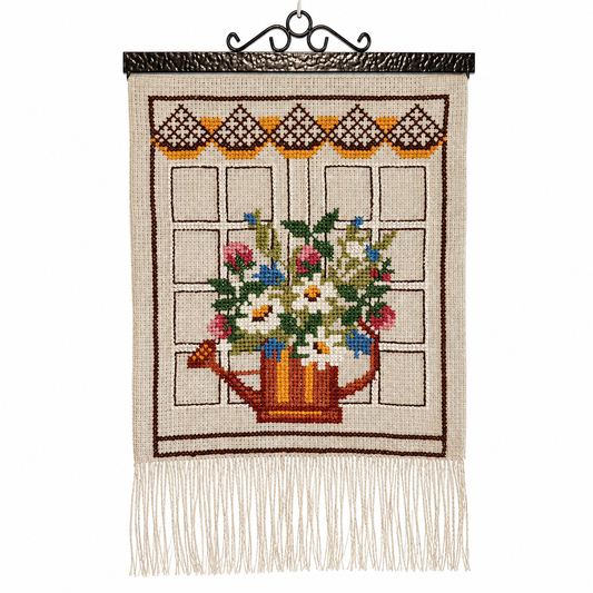 Vintage Swedish cross-stitch floral watering can wall hanging on linen, cream fringe, wrought iron rod, 50x30 cm, Sweden