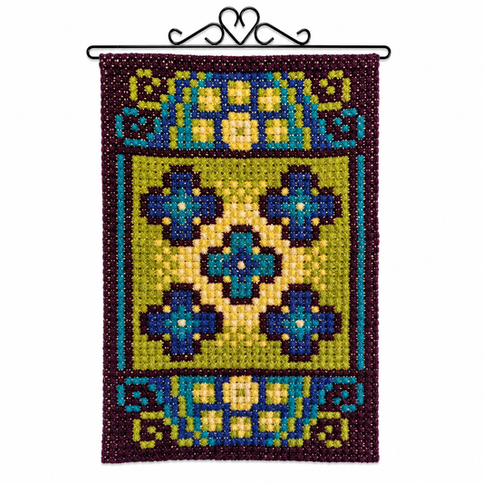 Vintage Swedish wool needlepoint geometric mandala wall hanging, black wrought iron rod, 68x44 cm, Sweden