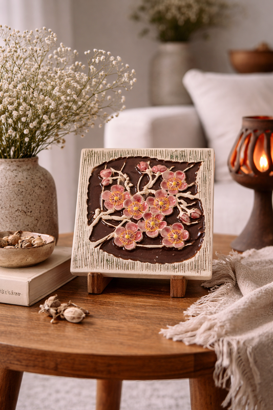 Gie Gantofta Sweden Wall Plaque – Pink Cherry Blossom Ceramic Art Tile – Scandinavian Vintage Decor displayed on wooden table with cozy decor