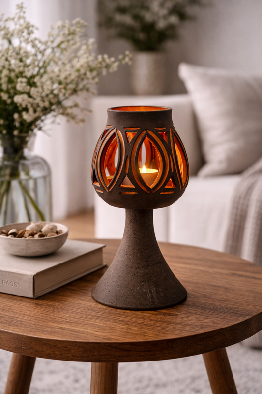 Vintage Swedish Pottery Candle Holder – Torsebo Design, Red Glaze Cut-Out Lantern, 1960s on wooden table with soft background decor