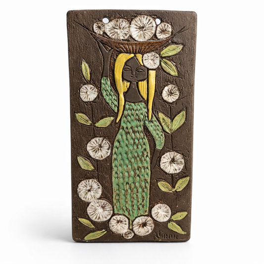 Ninnie Keramik Swedish Ceramic Wall Plaque – Mid-Century Modern Relief featuring a woman with flowers in green and brown tones